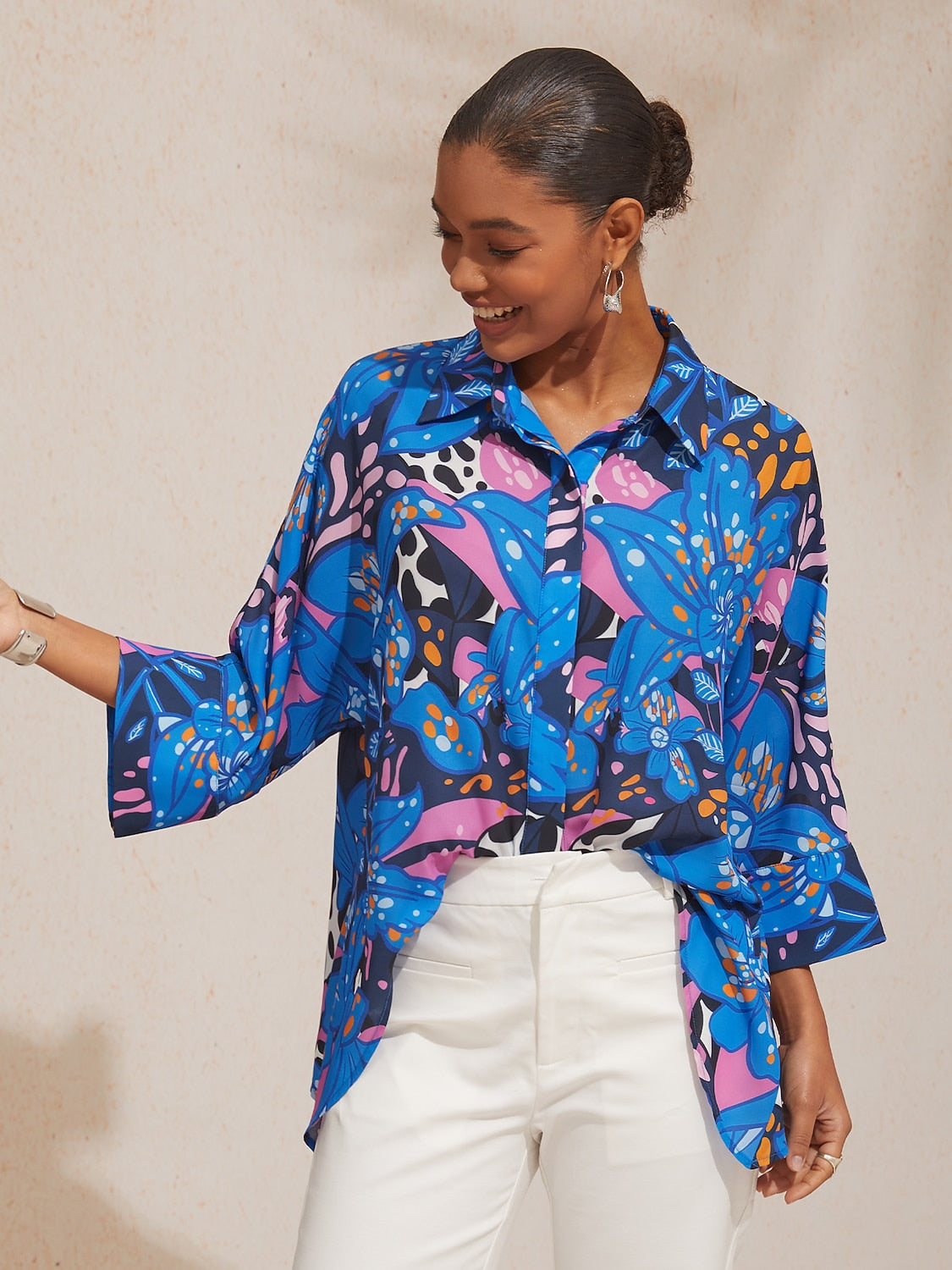 Vacation Color Dot Floral Dolman Sleeve Satin Shirt