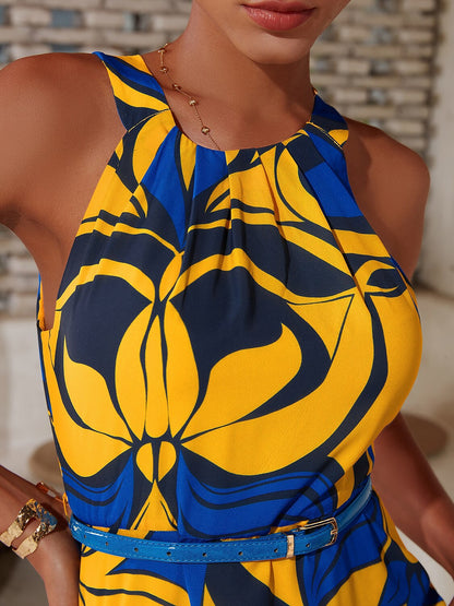 Sleeveless Satin Floral Print Belted High Neck Dres