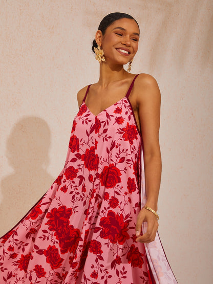 Vacation Pink Floral A-Line Cotton-Like Cami Dress