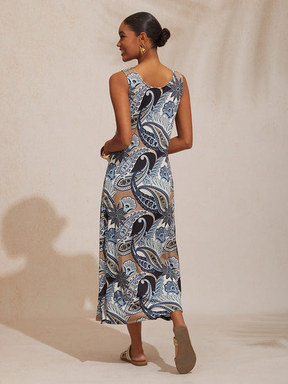 Vacation Vintage Paisley Fitted High Stretch Knit Maxi Dress
