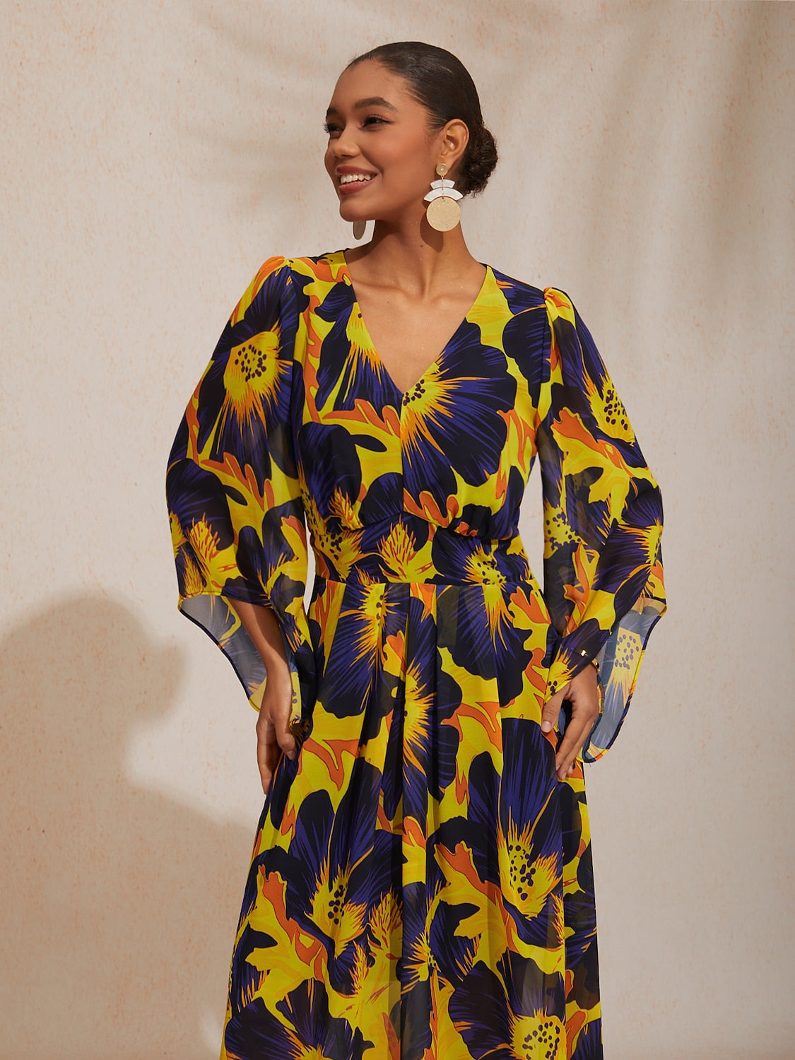 Vacation Abstract Floral Print Waist-defined Chiffon Maxi Dress