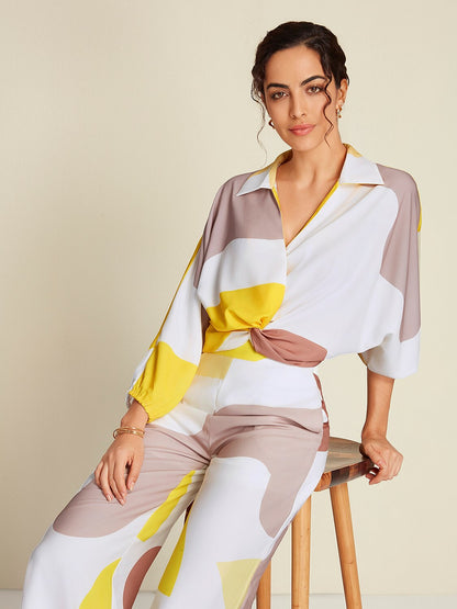Satin Contrast Knot Front Balloon Sleeve Shirt