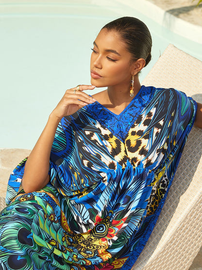 Vacation Feather Leopard Print Dolman Sleeve Chiffon Maxi Dress