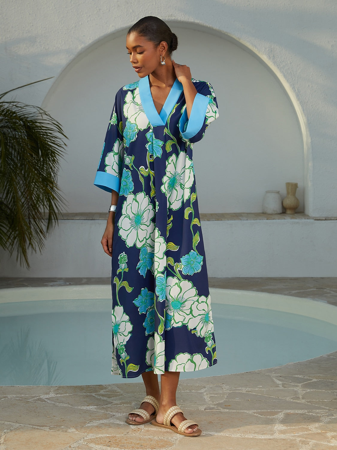 Vacation Color Block Floral Dolman Sleeve Loose Fit Rayon Like Maxi Dress