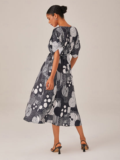 Midi Dress Chiffon Geometric Polka Dot Print