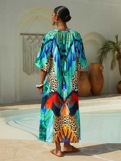 Vacation Leopard Feather Motif Straight Fit Chiffon Maxi Dress