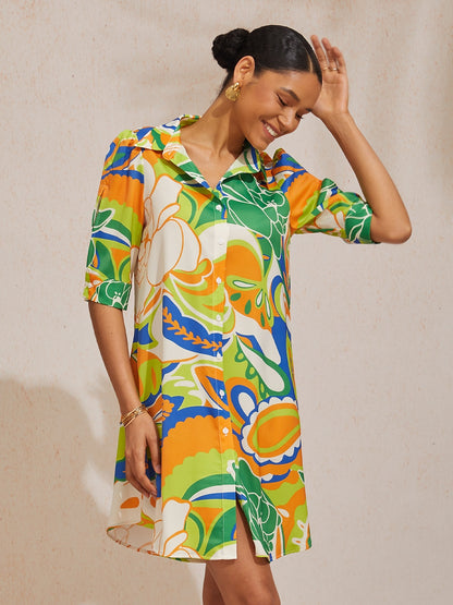 Vacation Scenic Floral Print Straight Satin Shirt Dress