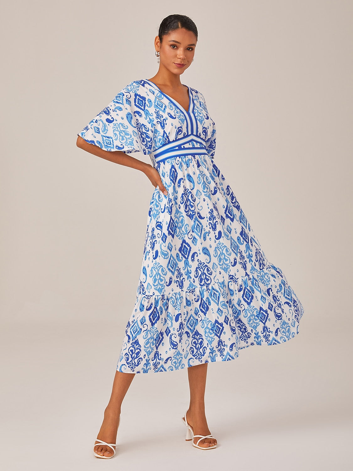 Blue Monochrome Print Empire Waist Midi Dress