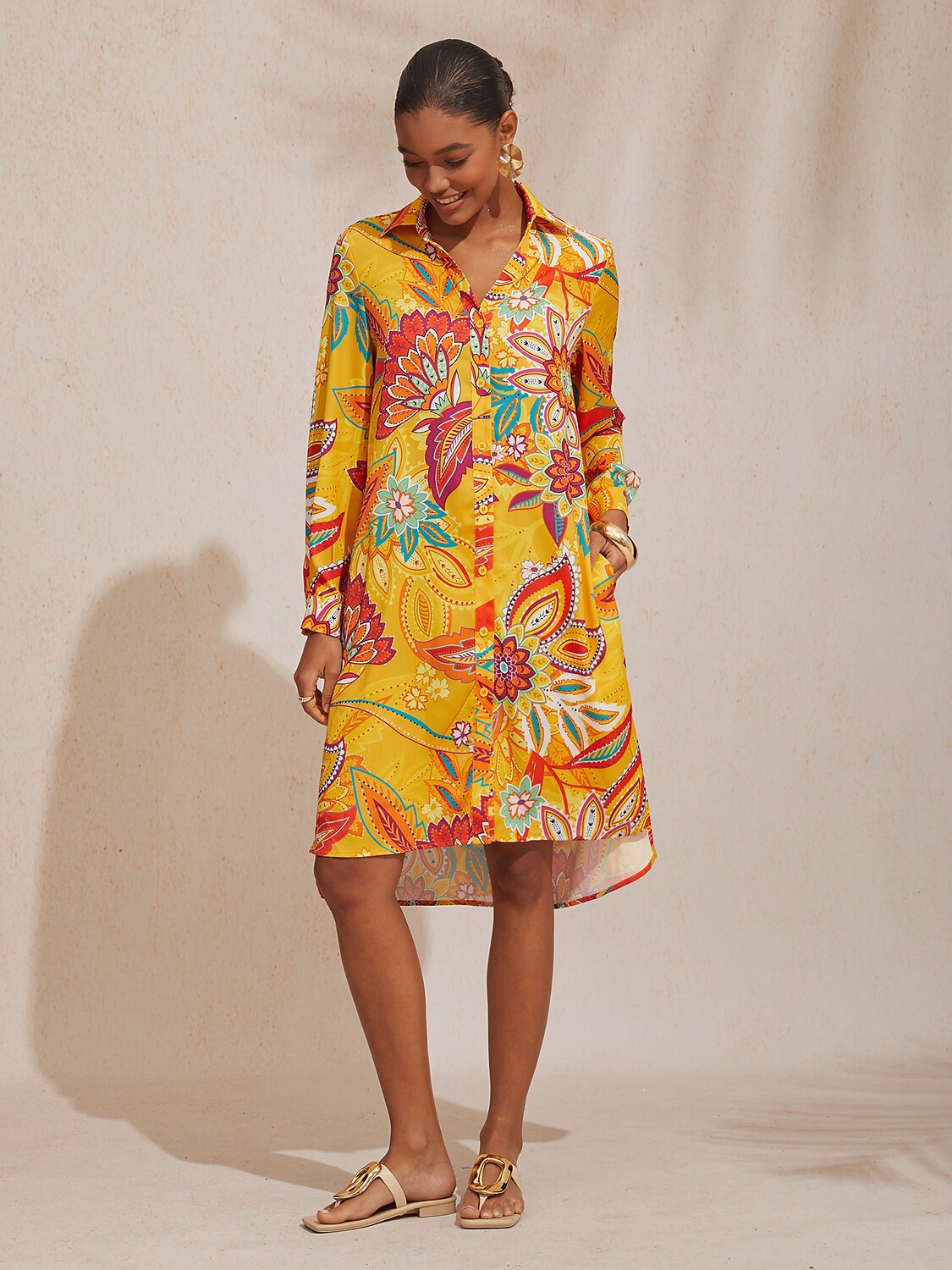 Vacation Yellow Paisley Print Straight Fit Satin Shirt Dress