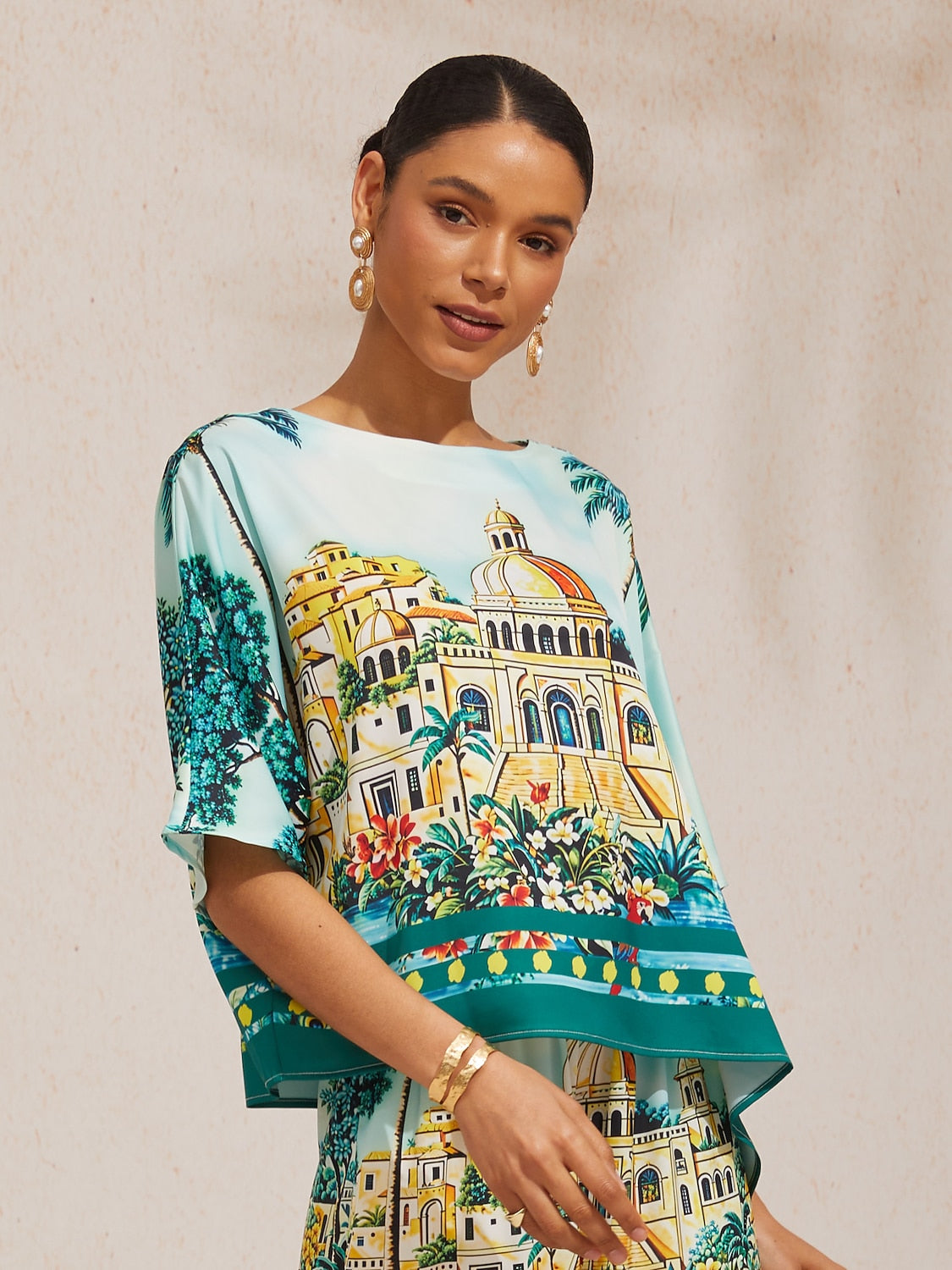 Summer Night Palm Silky Satin Dolman Sleeve Top