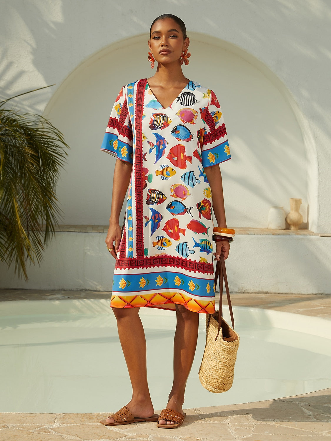 Vacation Ocean Elements Shirred Satin Mini Dress