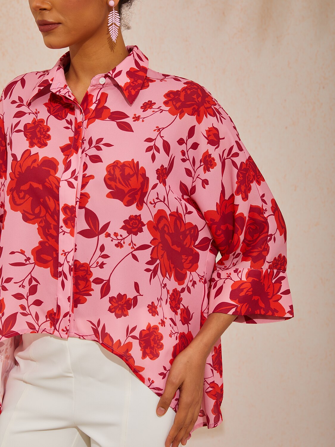 Vacation Floral Print Asymmetrical Dolman Sleeve Chiffon Shirt