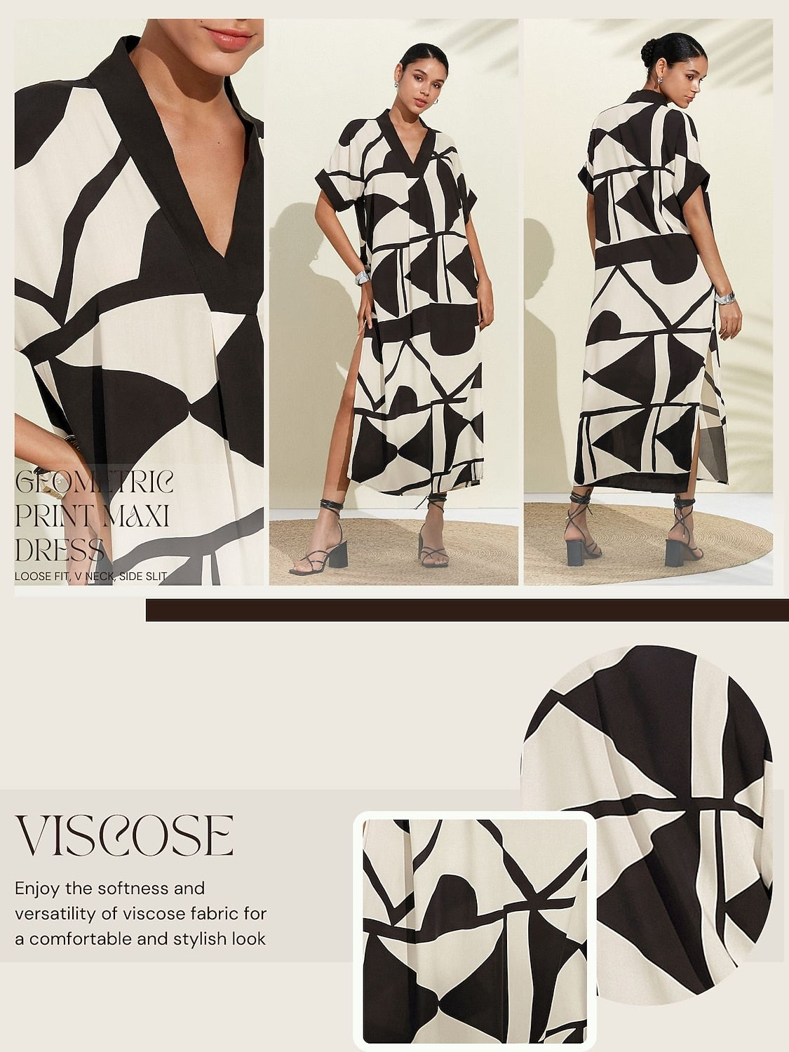 Short Black and White Geometrical Loose Fit Double Slit