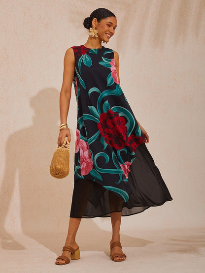 Vacation Artistic Floral Faux Layered Chiffon Maxi Dress