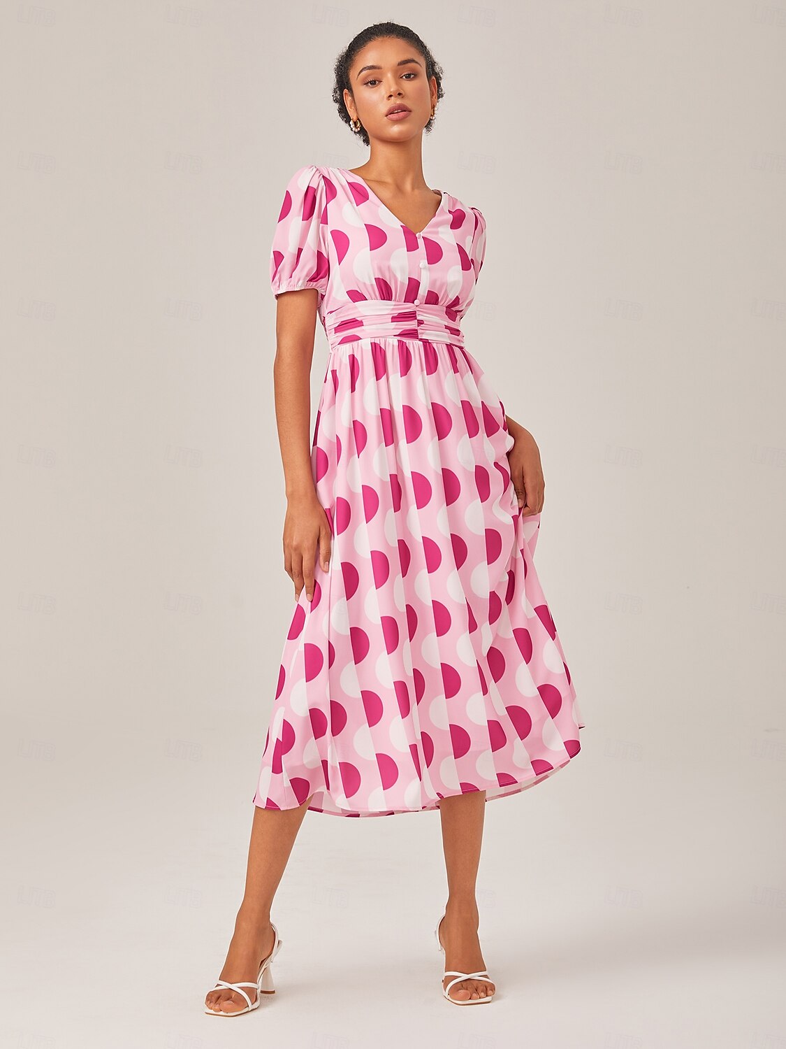 Pink Polka Dot Geometric Print Cinched Waist Dress