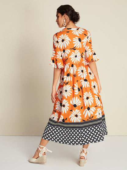 Satin Vacation Geometric Pattern 3/4 Length Sleeves Maxi Dress