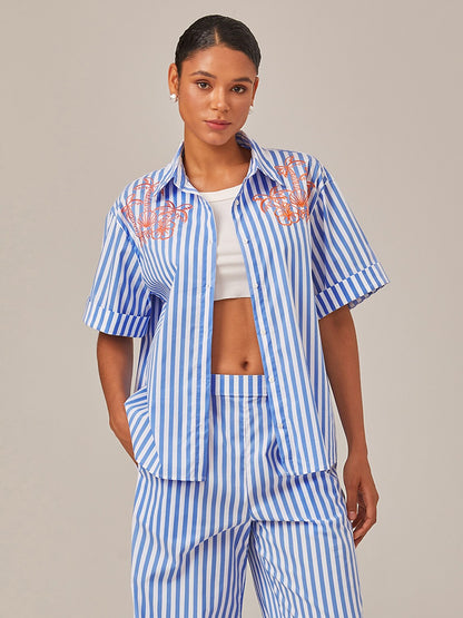Summer Striped Embroidered Oversized Shirt