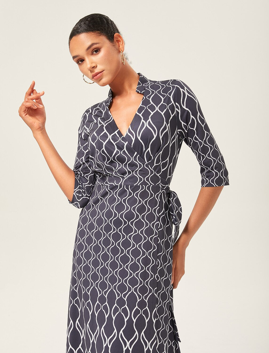 Geometric Print Stretch Satin Wrap Dress