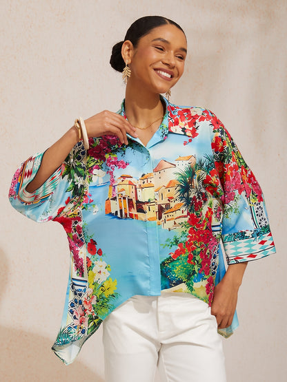 Mallorca Blossom Silky Satin Dolman Sleeve Top