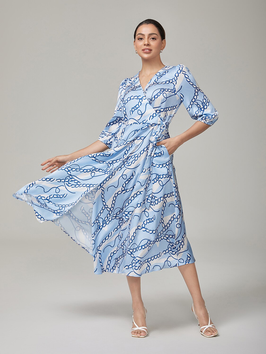 Chain Block Pattern Cross Tie Satin Maxi Dress