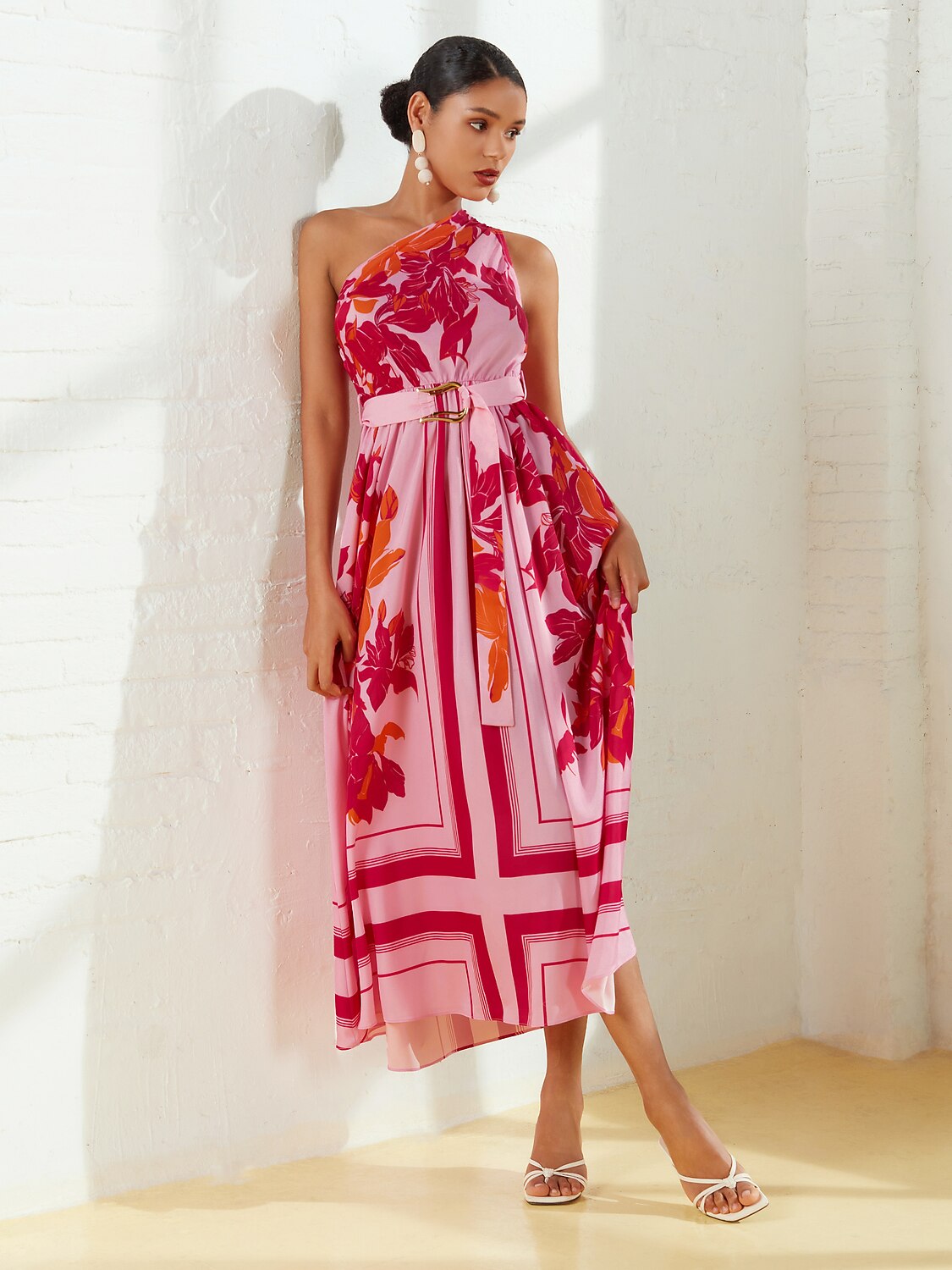 Satin Floral Print Vacation One-Shoulder Maxi Dress