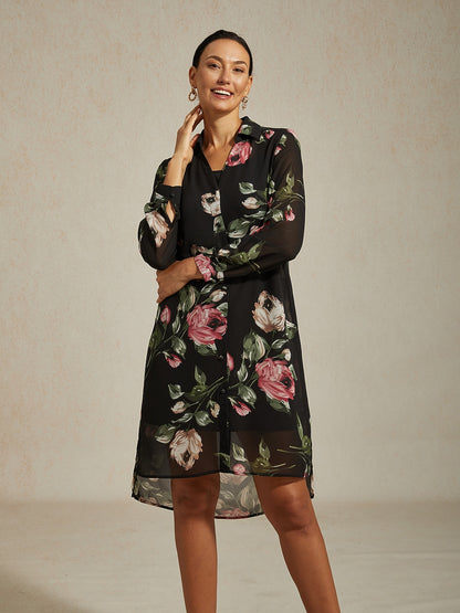 Mini Dress Shirt Collar Chiffon Black Floral Print