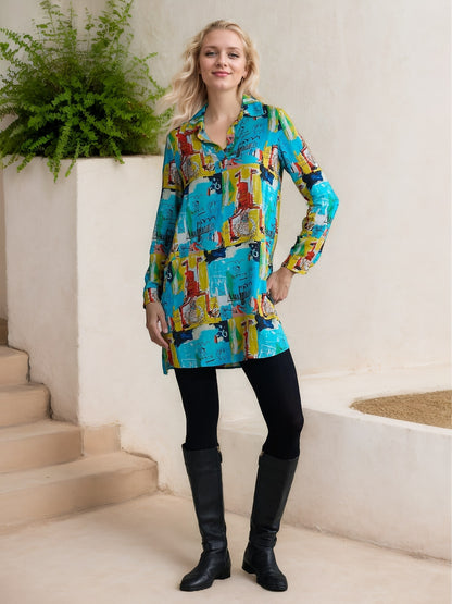Rayon Graffiti Cuff Lapel Mini Shirt Dress
