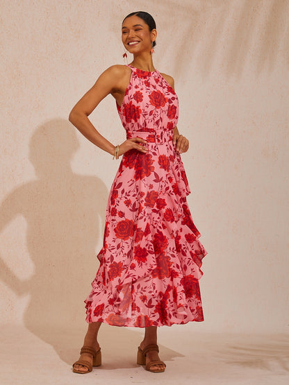 Vacation Pink Floral Waist-Cinching Sleeveless Chiffon Maxi Dress