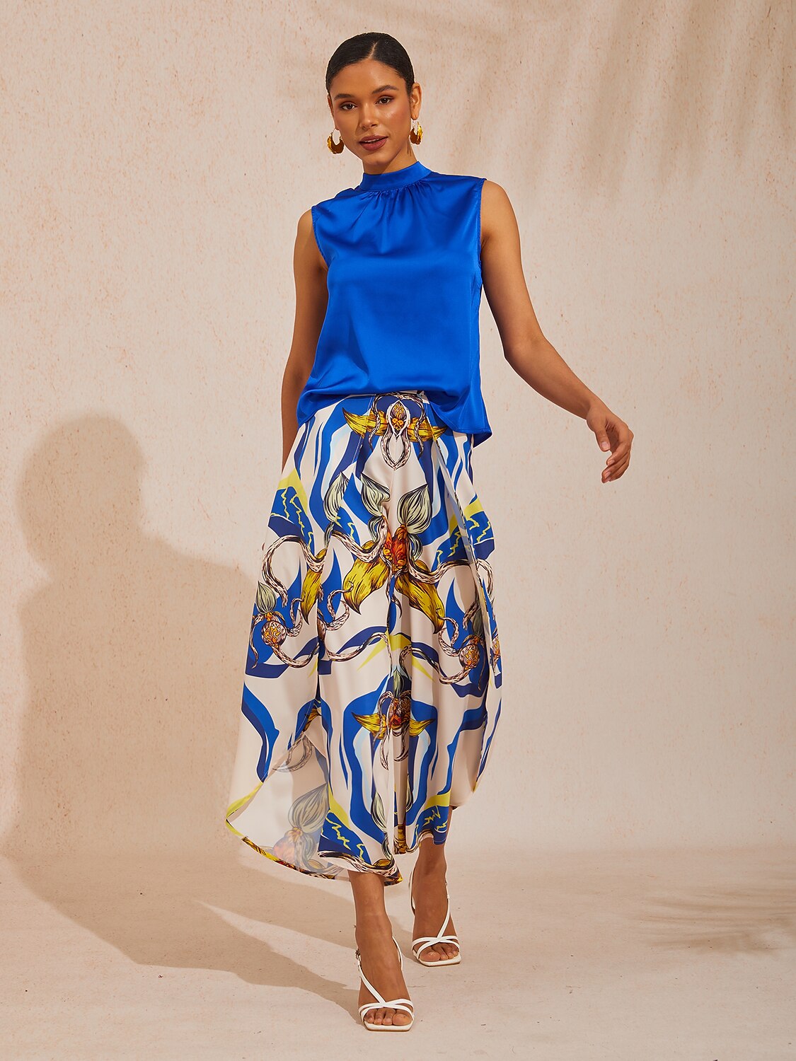 Vacation Abstract Geometric Print Curved Hem Cross-over Satin Wide leg Pants