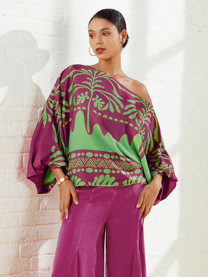 Satin Geometrical Floral Print Puff Sleeves Vacation Shirt