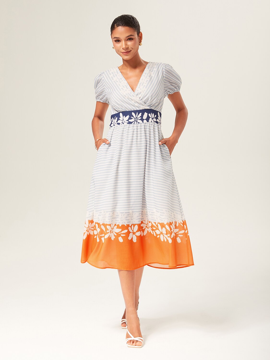 Linen-Like Striped Color Block A-Line Midi Dress