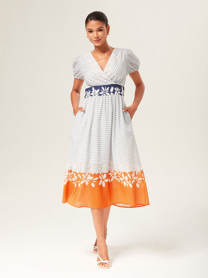 Linen-Like Striped Color Block A-Line Midi Dress