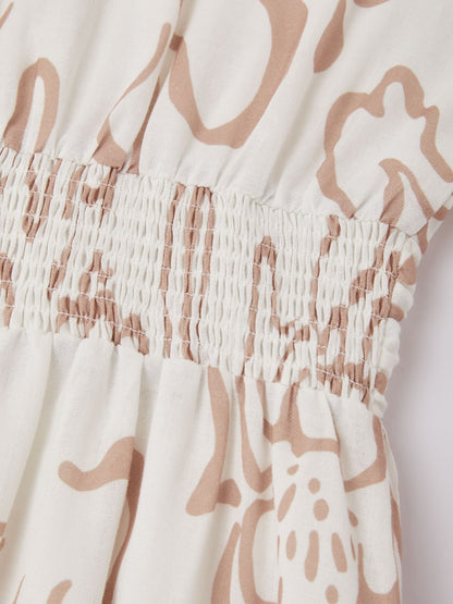 Abstract art print Linen-Like Fabric Waist-Cinching Maxi Dress