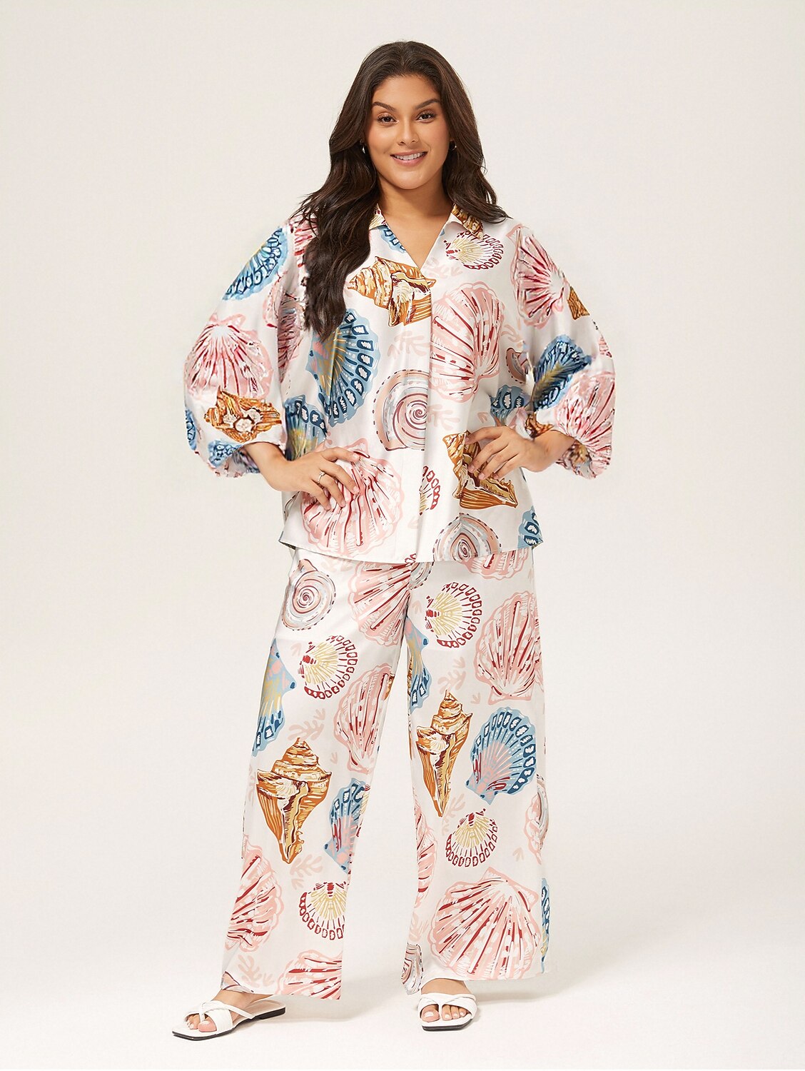 Shell Print Elastic Waist Wide Leg Pants