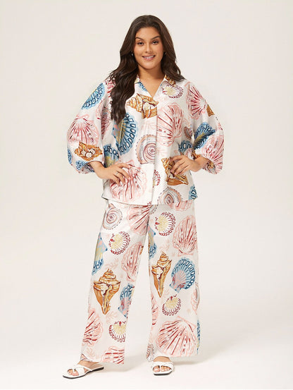Shell Print Elastic Waist Wide Leg Pants