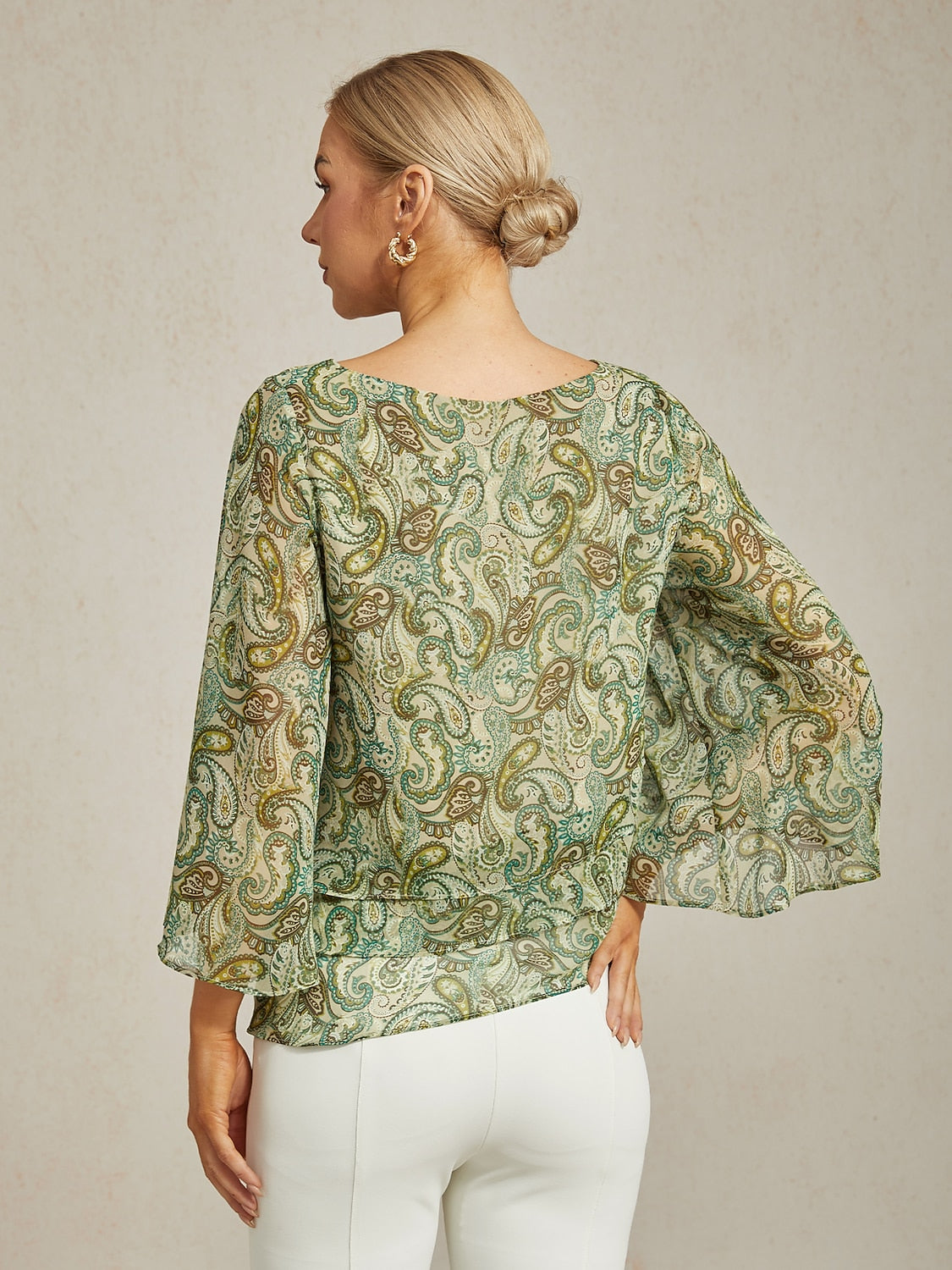Blouse Green Paisley Floral Loose Fit Round Boat