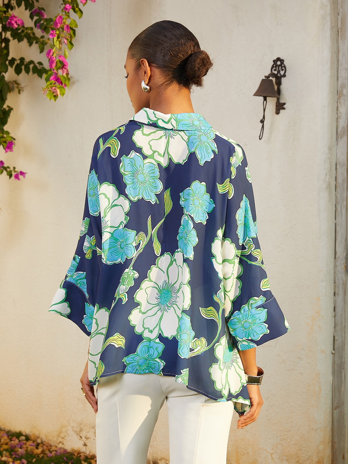 Vacation Green Floral High Low Chiffon Short Shirt