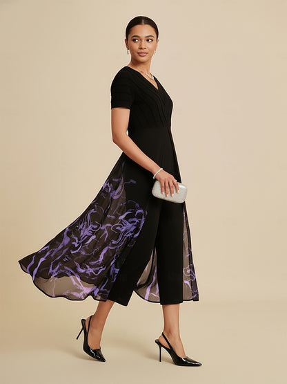 Paneled Design Faux Flowy Sheer Stretch Fabric Jumpsuit