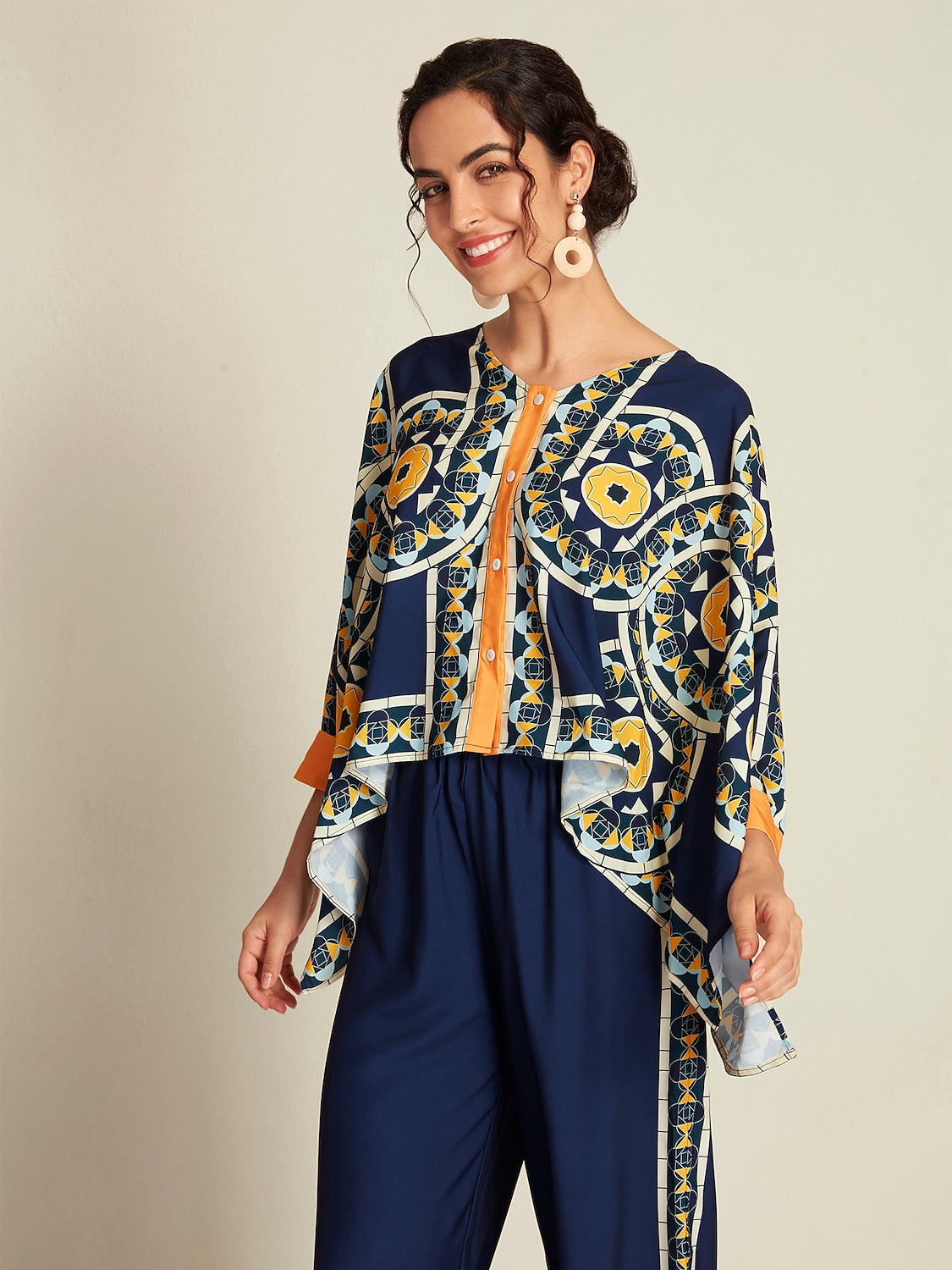 Navy Blue Folk Magyar Long Sleeve V-Neck Irregular Hem Casual Blouse