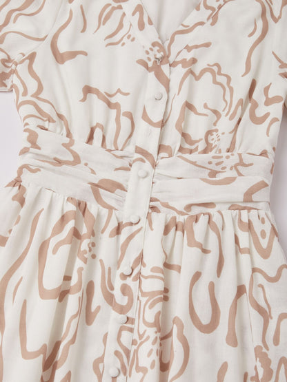 Abstract art print Linen-Like Fabric Waist-Cinching Maxi Dress