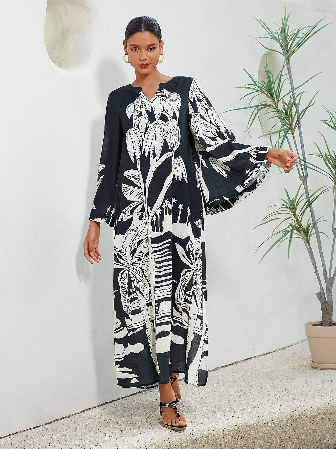 Linen Like Vacation Botanical Print V-Neck Maxi Dress