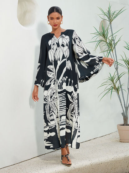 Linen Like Vacation Botanical Print V-Neck Maxi Dress