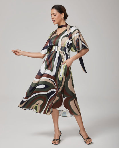 Camouflage Satin V-Neck Cinched Dress