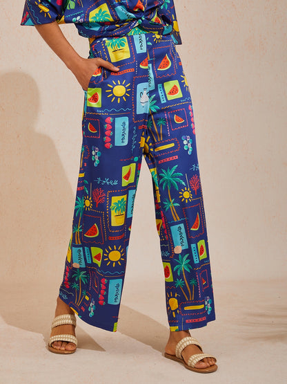 Vacation Tropical Motif Print Straight Satin Pants