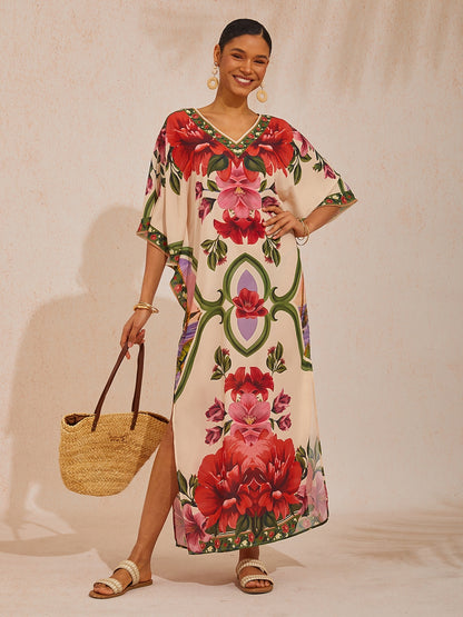 Vacation Placement Floral Batwing Sleeve Chiffon Maxi Dress