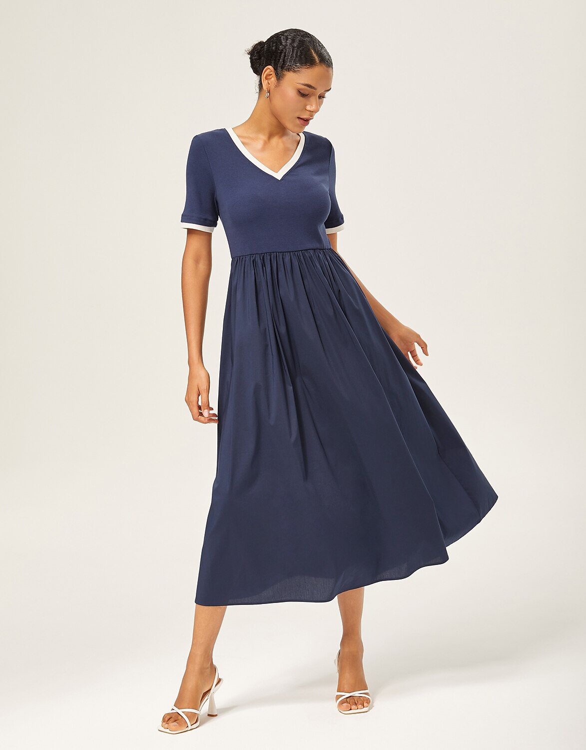 Navy Blue Cotton Knit-Woven Panel Dress