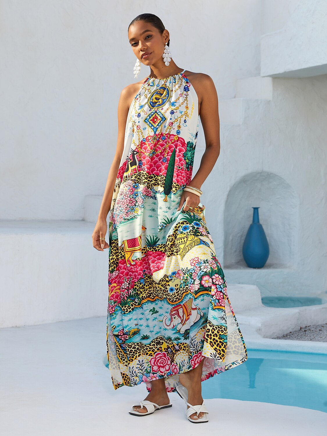 Vacation Vintage Patchwork Motif Sleeveless Drawstring Satin Maxi Dress