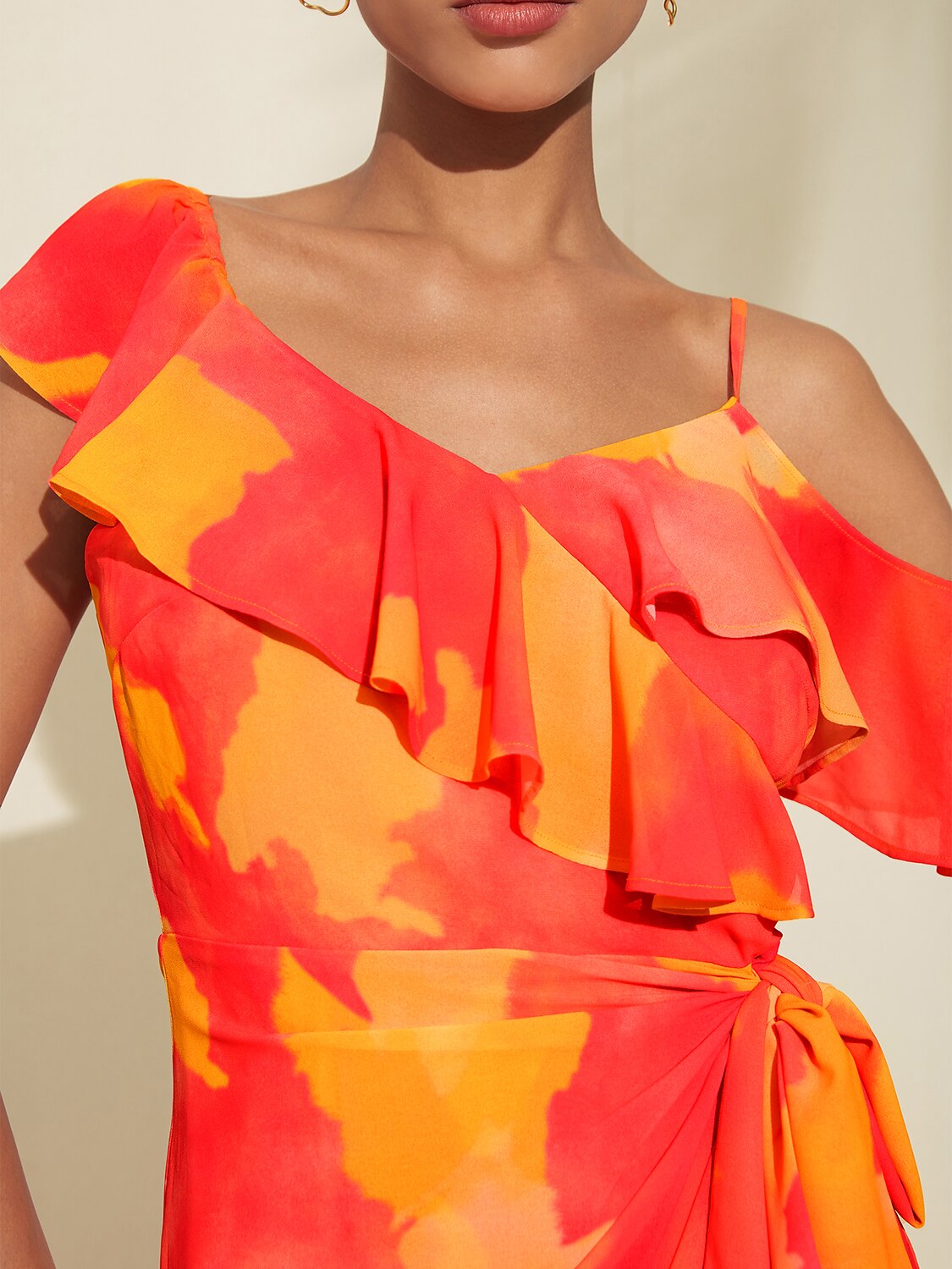 Orange Abstract Print Asymmetrical Ruffle Chiffon Dress