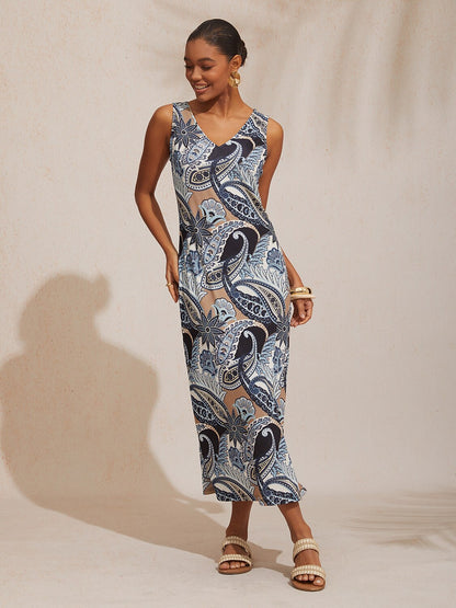 Vacation Vintage Paisley Fitted High Stretch Knit Maxi Dress