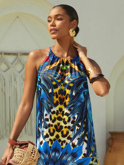 Vacation Feather Leopard Print Sleeveless Satin Camisole Maxi Dress